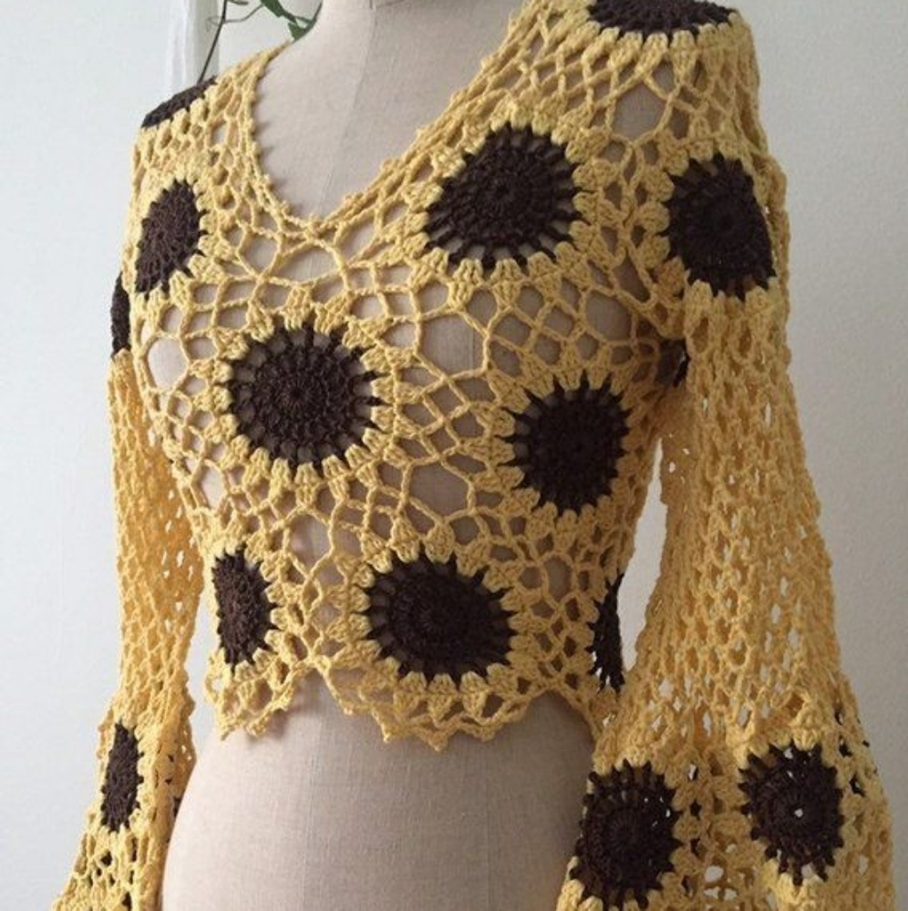 Sunflower Summer crochet top w bell bottom sleeves
